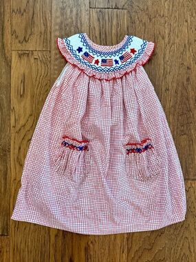 Smockingbird Flags and Stars Smocked Red Windowpane Dress